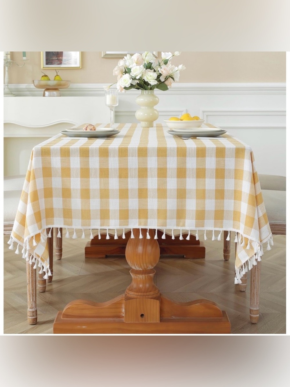 Buffalo Checkered Gingham Tablecloth with Tassel Trim 48” Round - YELLOW WHITE